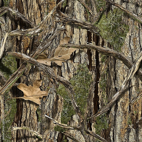 Mossy Oak Tree with Oak Leaves Hunting Camouflage, Seamless Camo Pattern Texture