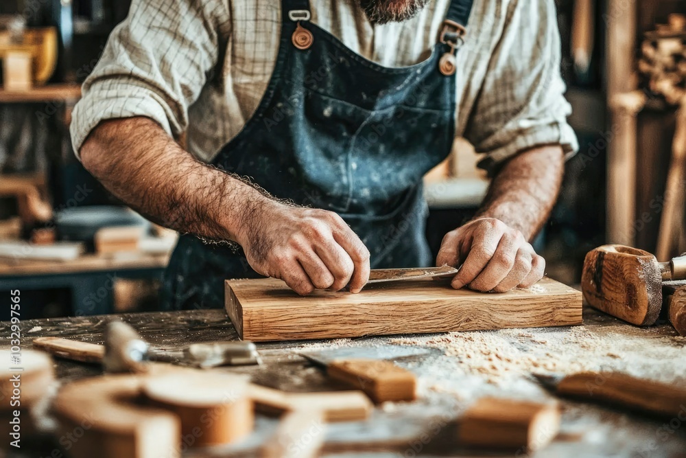 A Carpenter's Hands Working on a Wooden Plank in a Workshop A Carpenter's Hands Working on a Wooden Plank in a Workshop