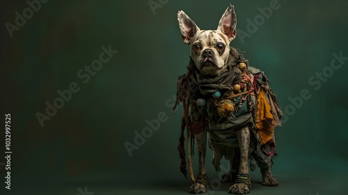 Eccentric Goblin Dog in Mismatched Ensemble Against Green Backdrop