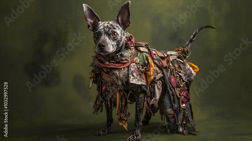 Eccentric Goblin Dog Dressed in Mismatched Rags and Trinkets Against Forest Green Background