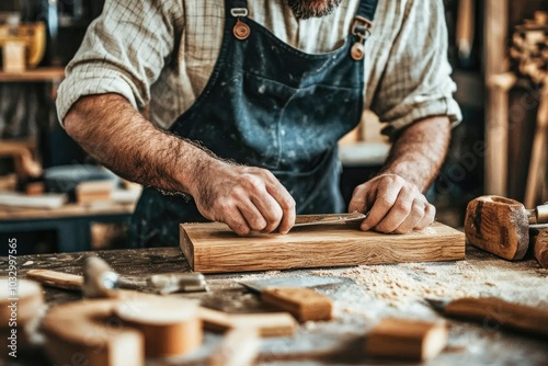 A Carpenter's Hands Working on a Wooden Plank in a Workshop