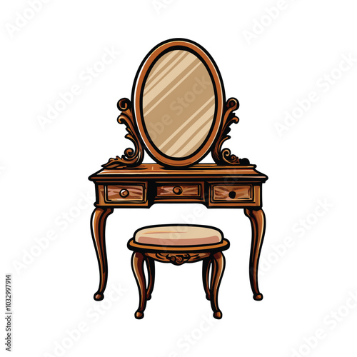 A vintage dressing table with three drawers, an oval mirror and a stool.