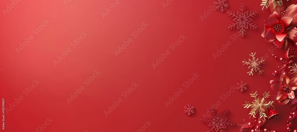 Festive photography featuring snowflakes and lights on a red background with merry christmas banner Festive photography featuring snowflakes and lights on a red background with merry christmas banner