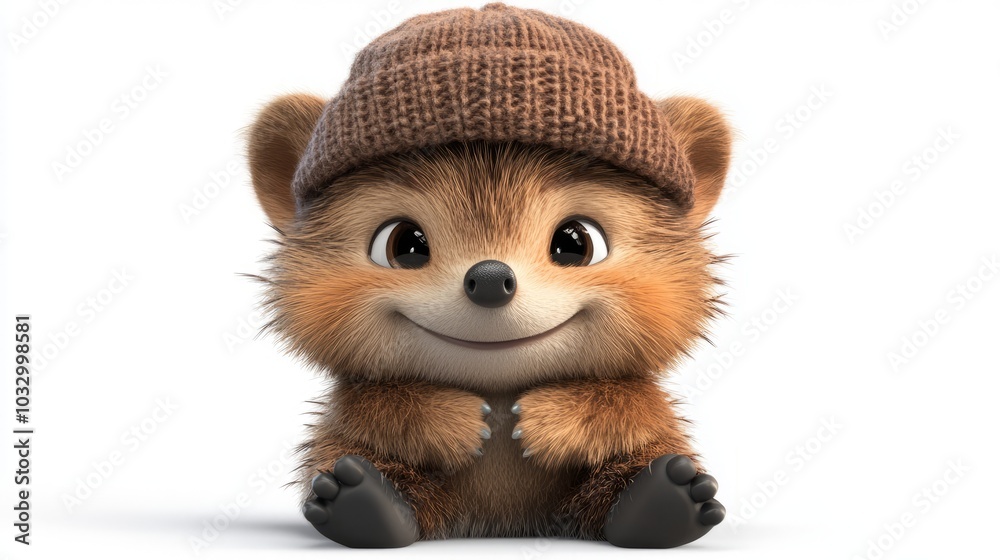 A cute cartoon hedgehog wearing a brown beanie smiles at the camera. A cute cartoon hedgehog wearing a brown beanie smiles at the camera.