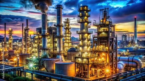 Nighttime Long Exposure of Oil Refinery with Cityscape, Industrial Landscape, Urban Skyline, Night Lights, Industrial Aesthetics, City Life, Urban Development, Oil Industry, City at Night