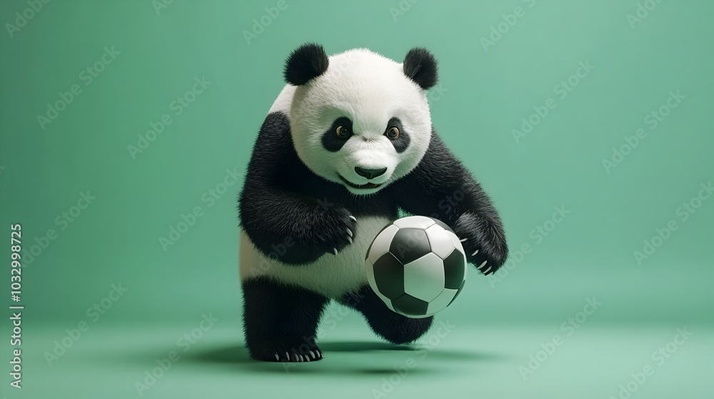 Playful Panda Footballer on Green Studio Background Playful Panda Footballer on Green Studio Background