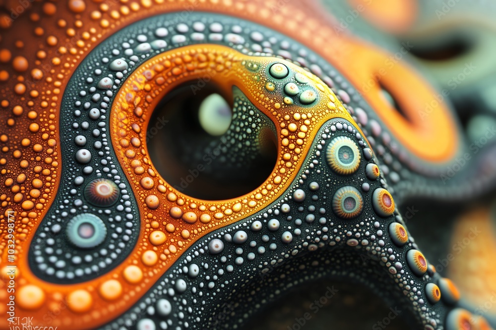 Fototapeta premium Abstract fractal pattern with swirling lines and dots in orange, black, and white.