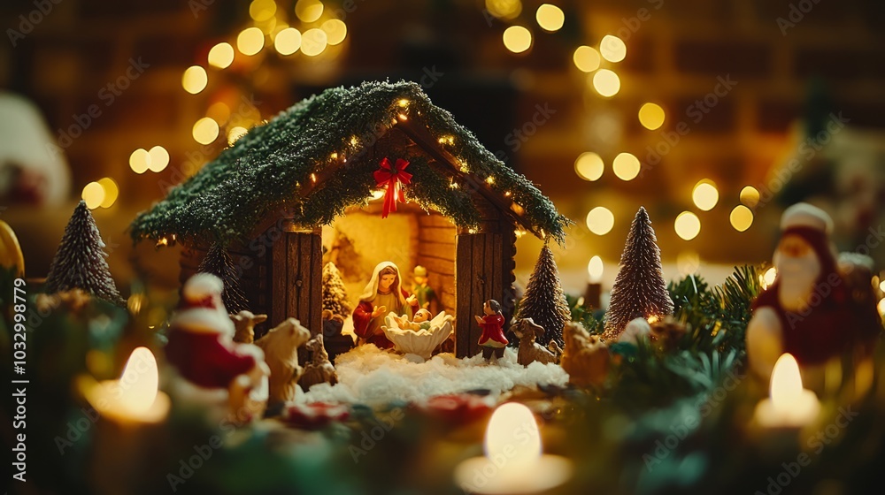 A nativity scene with a wooden stable, figures of Mary, Joseph, and baby Jesus, surrounded by Christmas lights, candles, and festive decorations.