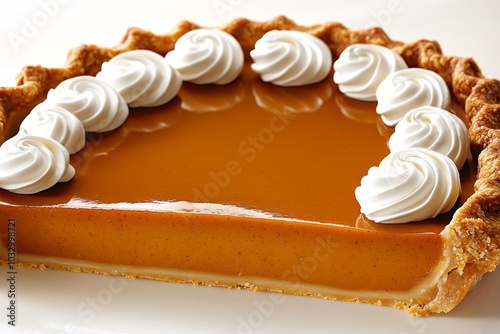 3D-rendered pumpkin pie, with whipped cream swirls and realistic texture photo