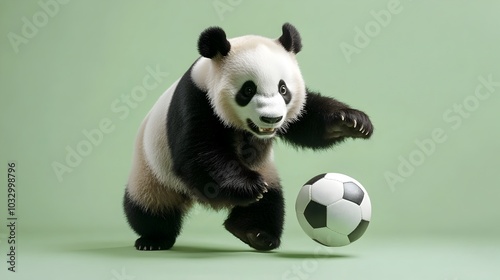 Playful Panda Sportingly Dribbling Soccer Ball on Verdant Background photo