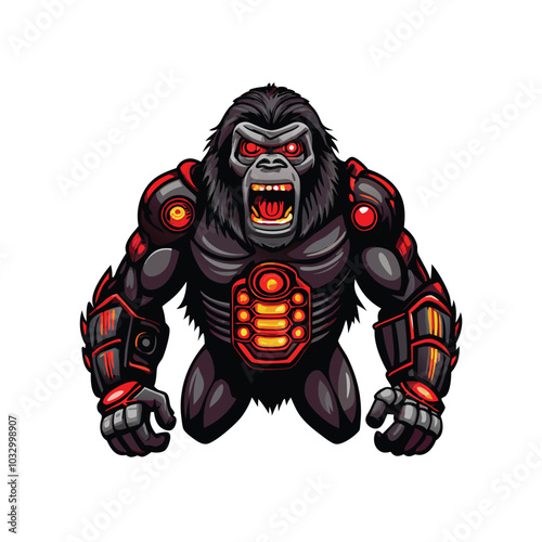 A futuristic robotic gorilla with glowing red sensors.