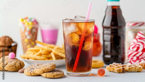 A glass of cola with ice and a straw surrounded by unhealthy foods and drinks like cookies, fries, candy, and waffles.