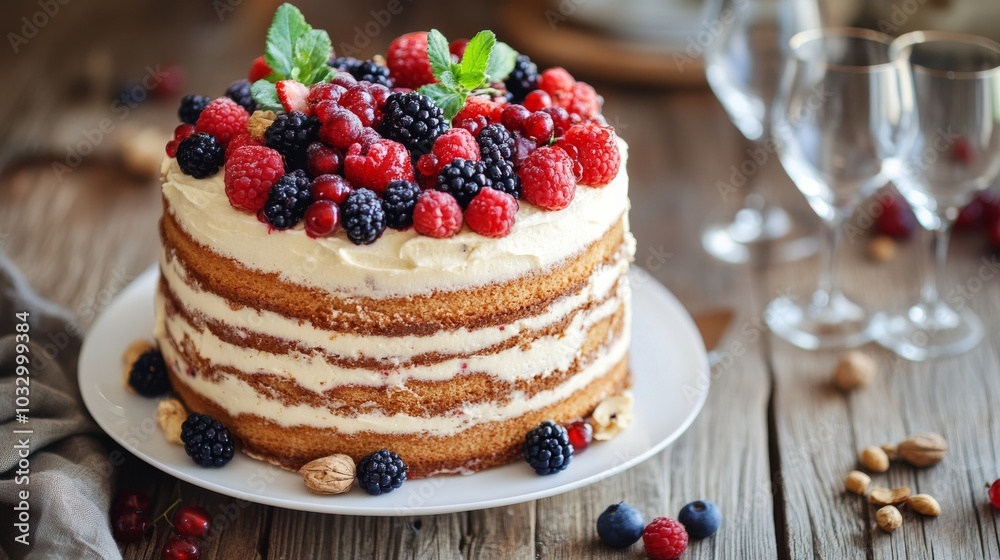 A beautifully presented layered cake, garnished with fresh berries and nuts, placed on a white plate. The cake is set on a rustic wooden table, accompanied by elegant glasses, creating a cozy Cake A beautifully presented layered cake, garnished with fresh berries and nuts, placed on a white plate. The cake is set on a rustic wooden table, accompanied by elegant glasses, creating a cozy Cake