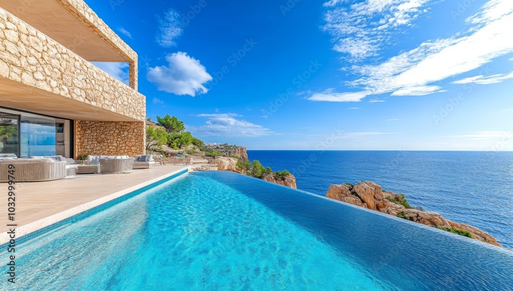 Fototapeta premium A modern villa with an infinity pool overlooking the Mediterranean Sea.