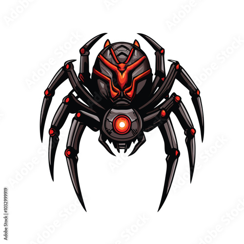 A futuristic robotic spider with sharp metal legs and red glowing eyes.