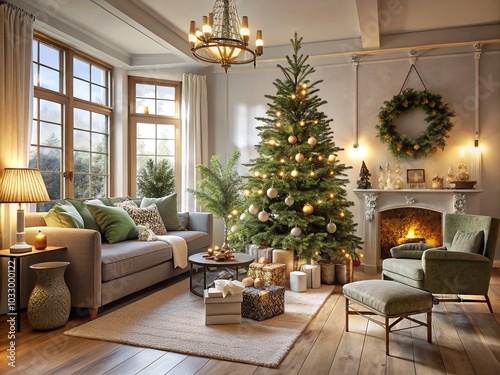 Scandinavian Style New Year Tree with Gifts in Cozy Interior â€“ Christmas Decoration Inspiration for Holiday Celebrations and Festive Home Decor Ideas