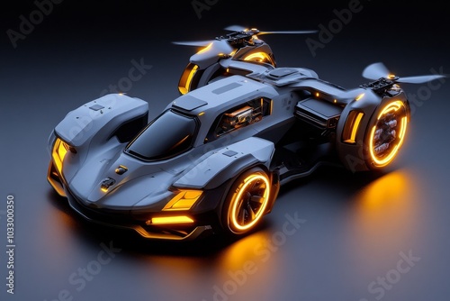 A futuristic drone with grey body panels, glowing with yellow accents photo