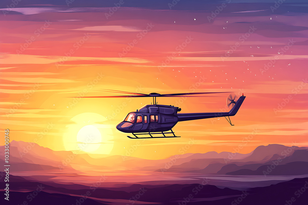 A helicopter flying against a vibrant sunset backdrop over mountains.