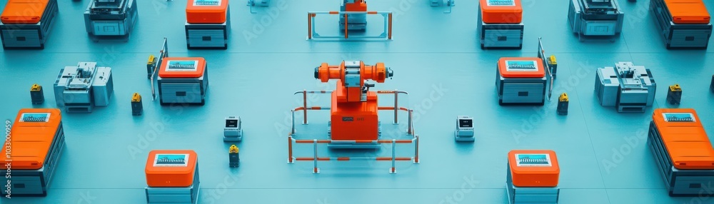 Industrial robots performing automated tasks in a controlled environment with safety barriers Industrial robots performing automated tasks in a controlled environment with safety barriers
