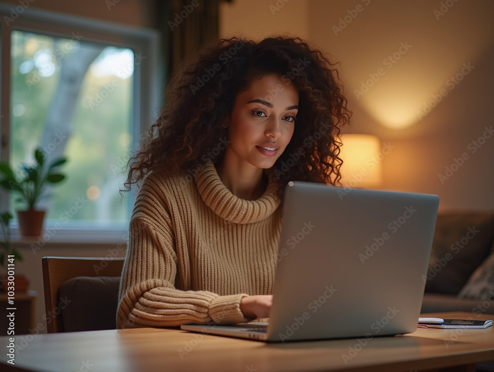 Naklejka premium Beautiful business woman using a laptop computer and drinking coffee, sitting in office modern coworking cafe