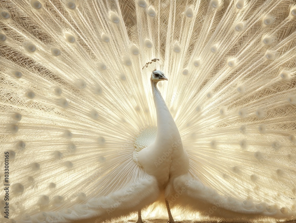 Obraz premium An albino peacock spreading its pure white feathers in a dazzling display