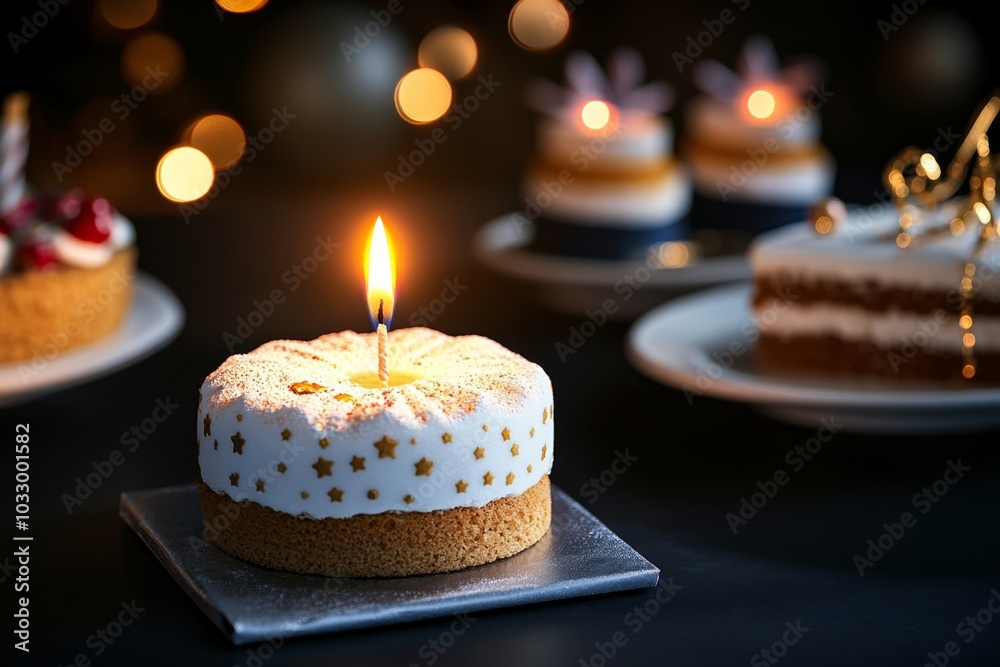 A single candle flame glowing softly in the darkness, illuminating a celebration table with cakes and presents A single candle flame glowing softly in the darkness, illuminating a celebration table with cakes and presents