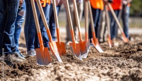 A group of people stand in a row holding shovels, ready to break ground for a new project.