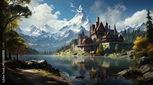 Medieval Castle by a Mountain Lake