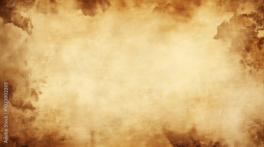 Fototapeta premium Sepia-toned antique paper showing delicate yellowing edges ink stains small tears imperfections. AI generated