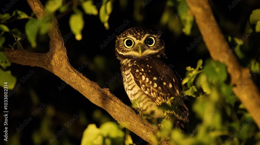 An owl perched on a tree branch at night, its eyes glowing in the darkness