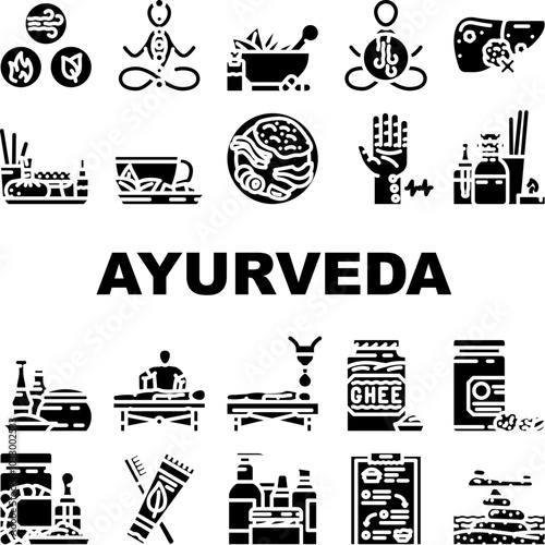 ayurveda wellness balance dosha icons set vector. vata pitta, kapha prana, chakra meditation, yoga herbs, detox, holistic ayurveda wellness balance dosha glyph pictogram Illustrations