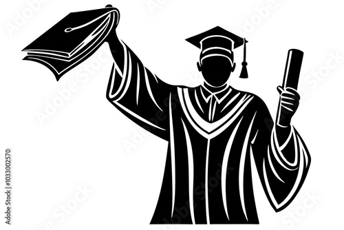 graduate college student as a silhouette, with the diploma certificate in his hand, with raised arm and typical graduation dress photo