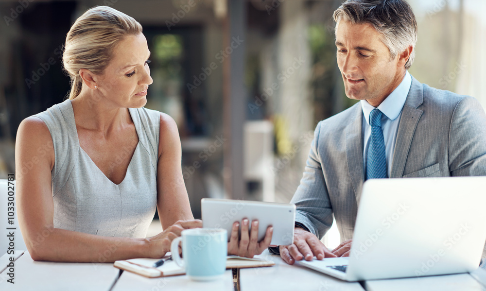 Planning, meeting and teamwork with business people and tablet for corporate governance, advisor and research. Tax compliance, partnership and report with man and woman for shareholder policy Planning, meeting and teamwork with business people and tablet for corporate governance, advisor and research. Tax compliance, partnership and report with man and woman for shareholder policy