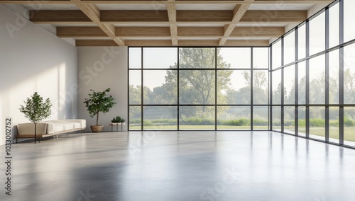 Empty modern room with large windows, wooden beams, grey floor, and two plants.