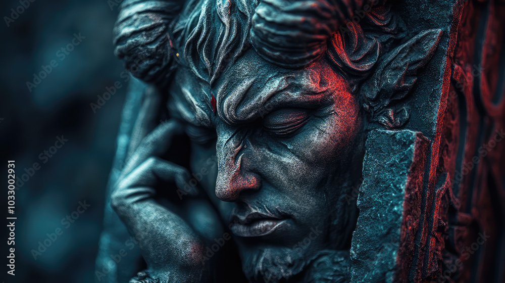 Featuring intricate Gothic carvings and a weathered, ancient finish, this devil statue is set against a dark, atmospheric backdrop, enhancing its mystique and ominous grandeur. Featuring intricate Gothic carvings and a weathered, ancient finish, this devil statue is set against a dark, atmospheric backdrop, enhancing its mystique and ominous grandeur.
