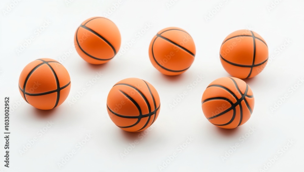 Six mini basketballs arranged in a semi-circle on a white background. Six mini basketballs arranged in a semi-circle on a white background.