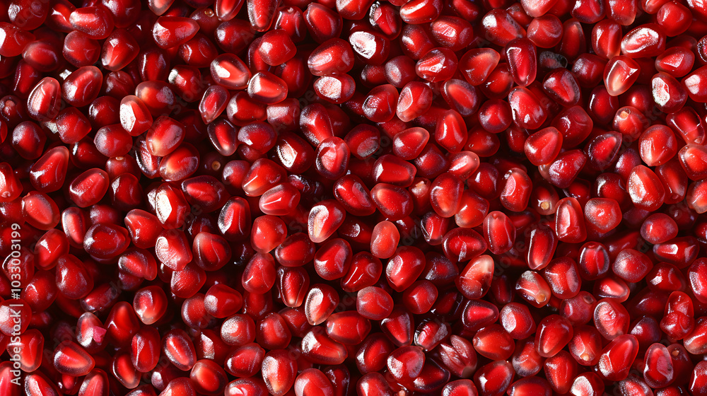 Background Completely Filled with Fresh Pomegranate Seeds Showcasing Their Vibrant Red Color. Background Completely Filled with Fresh Pomegranate Seeds Showcasing Their Vibrant Red Color.