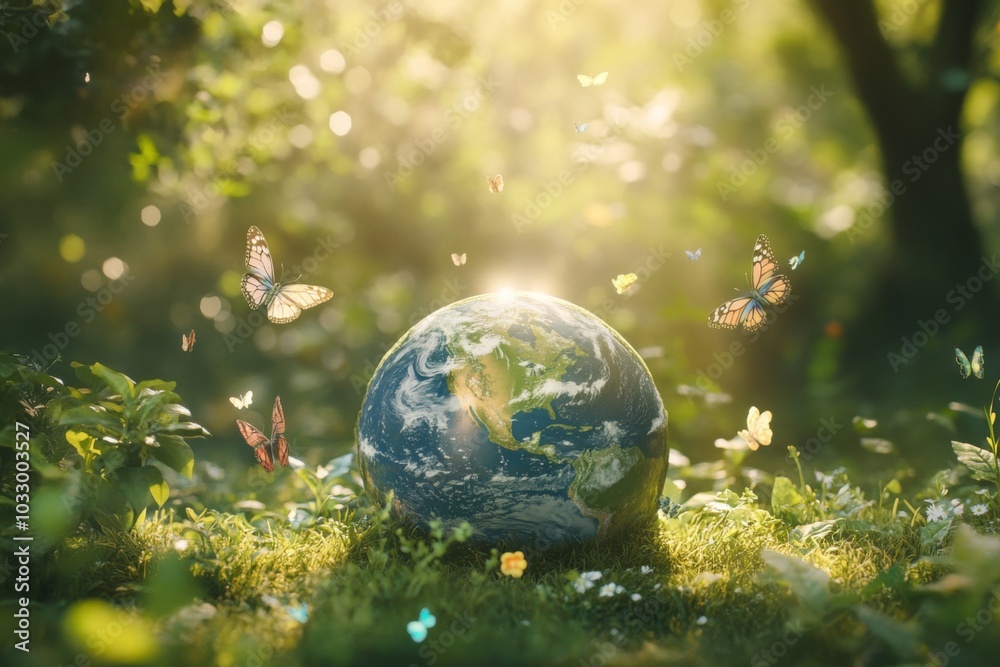 A miniature Earth globe surrounded by butterflies in a lush green forest, bathed in warm sunlight. A miniature Earth globe surrounded by butterflies in a lush green forest, bathed in warm sunlight.