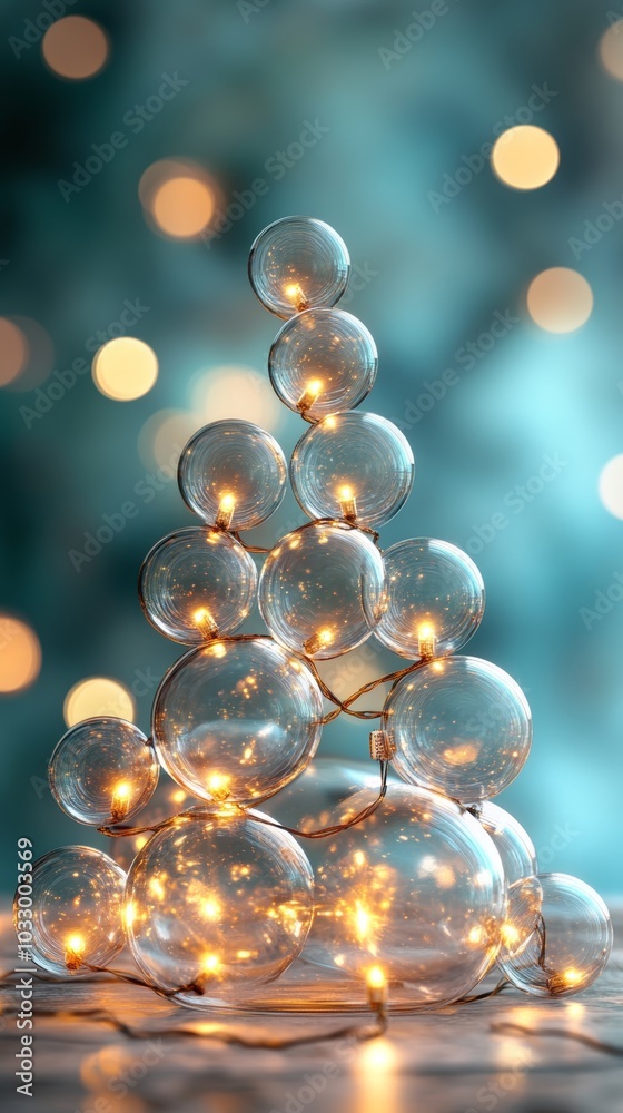 Festive garland of transparent glass balls with neon golden lights on a soft blue background Festive garland of transparent glass balls with neon golden lights on a soft blue background