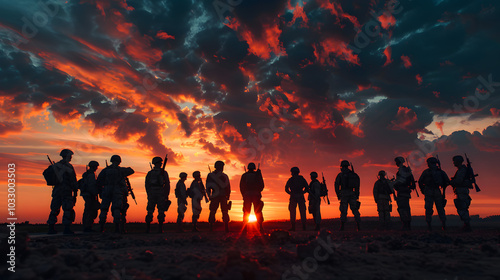 Silhouette of Soldiers Standing in Formation at Sunset with Dramatic Sky in the Background.
