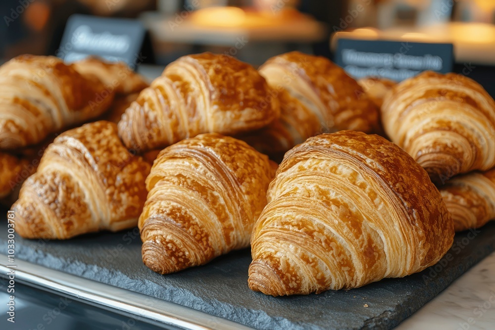 Close-up of Freshly Baked Croissants on a Slate Platter Close-up of Freshly Baked Croissants on a Slate Platter
