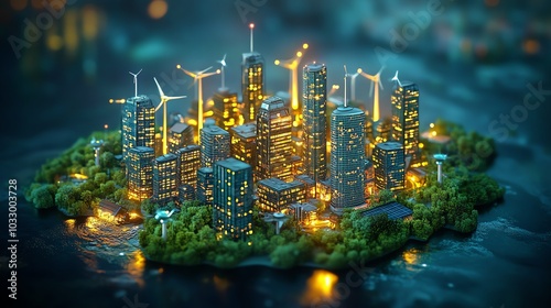 Vibrant miniature city with illuminated skyscrapers and wind turbines on a lush island.