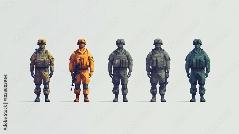 Minimalist Military Army Man Game Asset Divider Icons Set - Low Poly, Flat Design with Playful Toyism Imagery on White Background Minimalist Military Army Man Game Asset Divider Icons Set - Low Poly, Flat Design with Playful Toyism Imagery on White Background