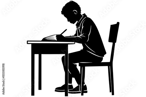  A silhouette of student is sitting at a reading table. A silhouette of the boy is sitting at a reading table and studying attentively with a white background