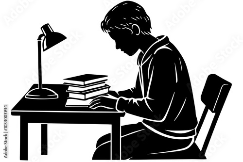  A silhouette of student is sitting at a reading table. A silhouette of the boy is sitting at a reading table and studying attentively with a white background