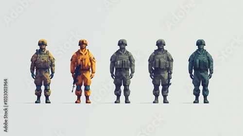 Minimalist Military Army Man Game Asset Divider Icons Set - Low Poly, Flat Design with Playful Toyism Imagery on White Background