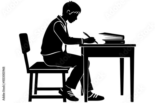  A silhouette of student is sitting at a reading table. A silhouette of the boy is sitting at a reading table and studying attentively with a white background