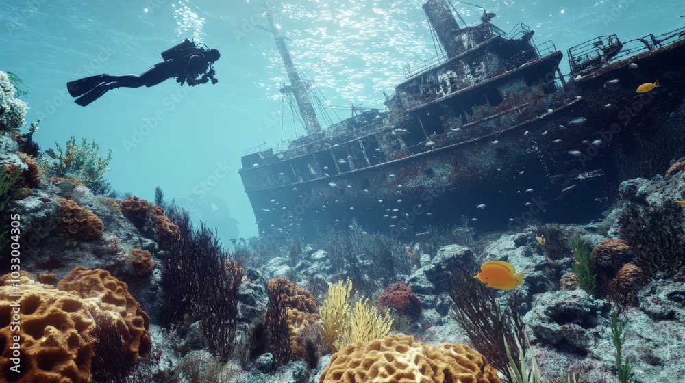 Fototapeta premium AI-rendered underwater scene showing a diver swimming near a sunken ship, with coral reefs and schools of fish surrounding.
