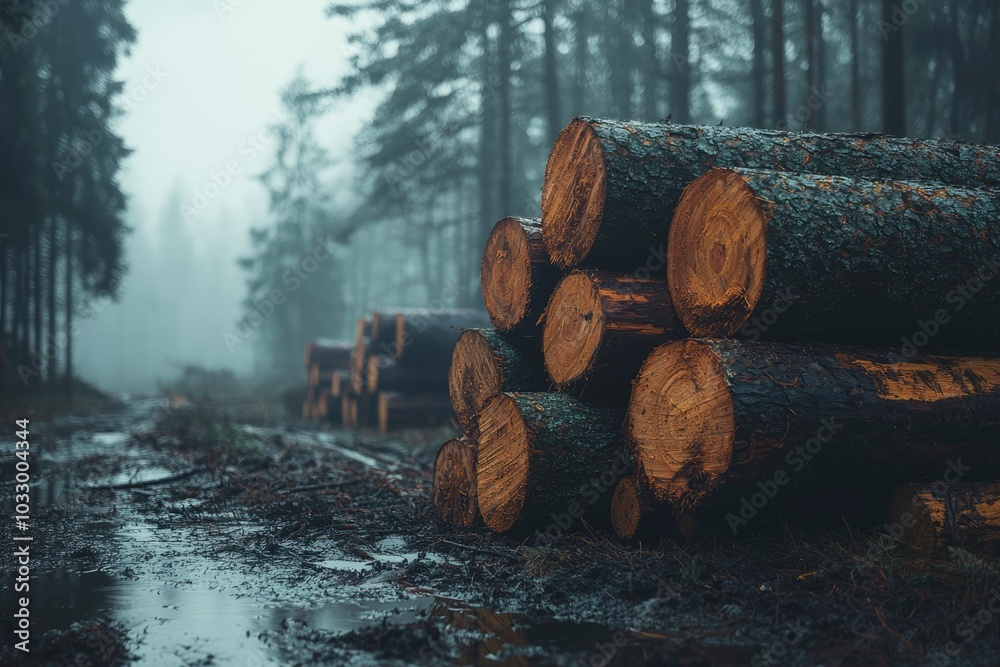 Stacked Log Pile in a Misty Forest Stacked Log Pile in a Misty Forest