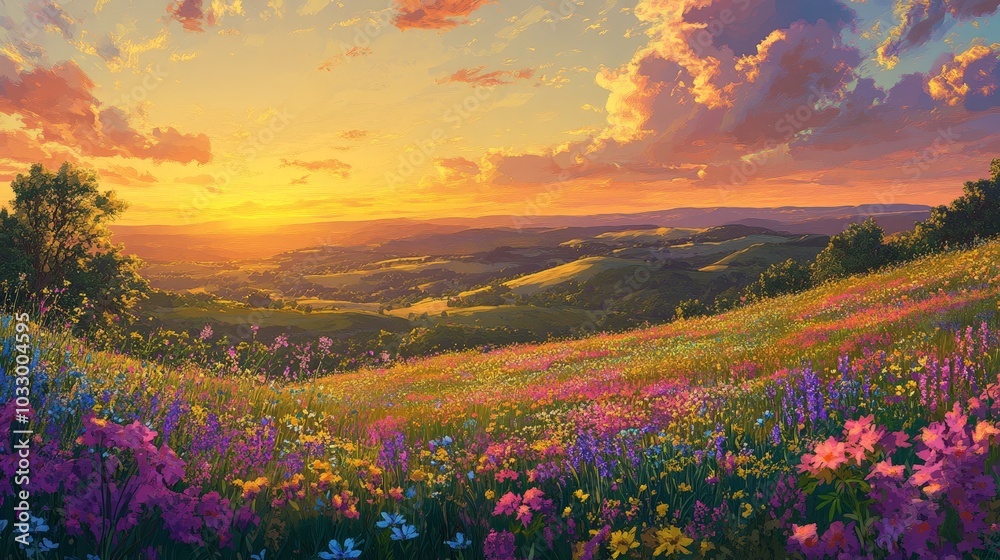 Obraz premium AI-rendered vibrant sunset over rolling hills, with wildflowers blooming in every color, under a golden-hued sky.